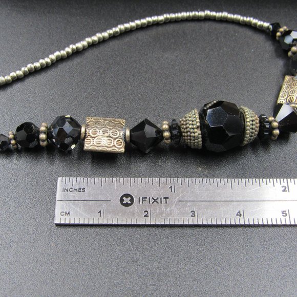 16" Silver Tone Rustic Hefty Black Material Necklace Vintage - Picture 5 of 6